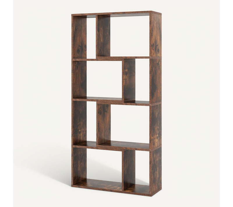 Bibliothèque Géométrique à 4 Niveaux Etagères De Rangement Moderne à 8 Cases 60x20x120cm Café
