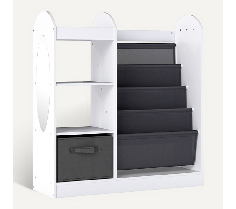 Bibliothèque Enfants Avec Miroir Pleine Longueur Étagères En Tissu à 4 Niveaux Tiroir Blanc