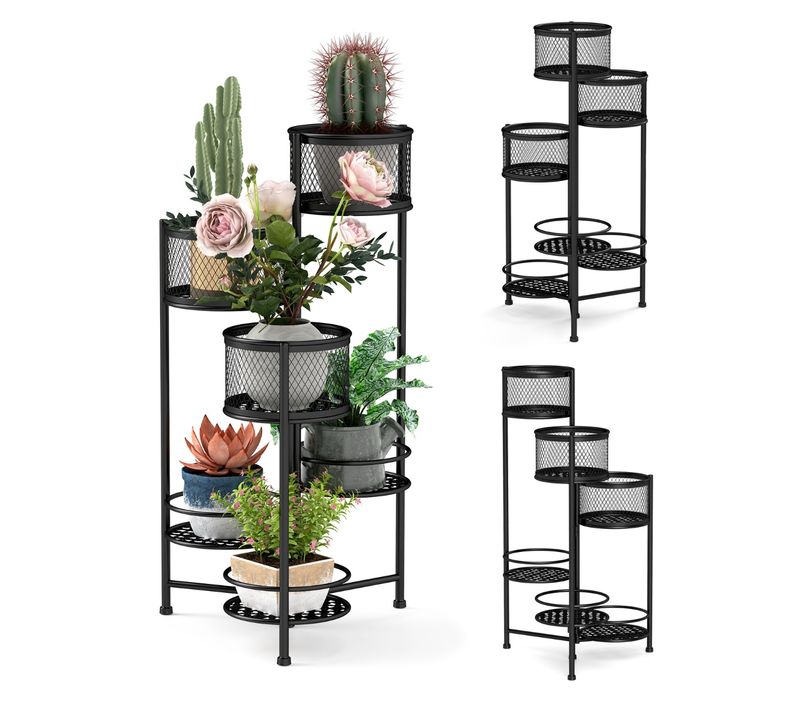 Étagère à Fleurs Pliable En Métal Porte Plante Doré à Angle Réglable Pour Intérieur Extérieur Noir