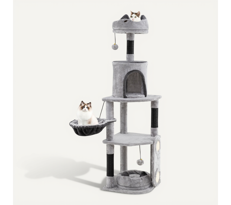 Grand Arbre à Chat à Plusieurs Niveaux Poteaux Et Planche à Gratter Jouets Suspendus Hamac Gris