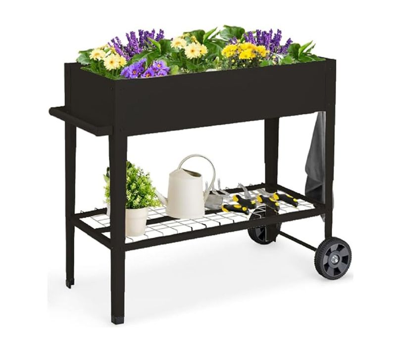 Jardinière Surélevé En Métal Lit De Jardin Sur Roulette Avec Étagère Trous De Drainage Noir
