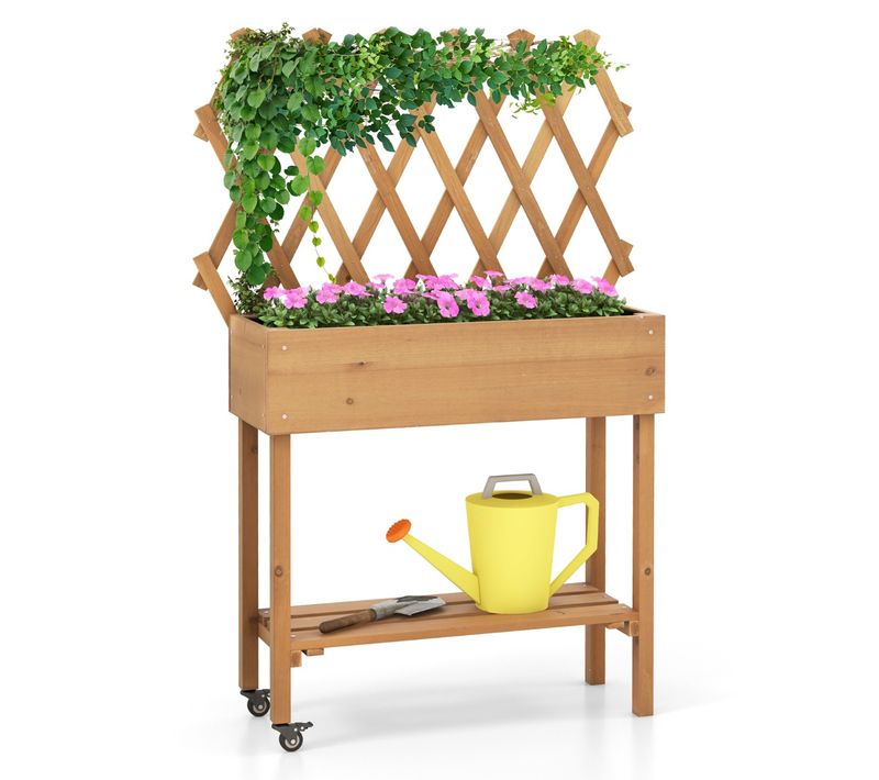 Lit De Jardin Bois Avec Treillis Jardinière Surélevée Roues Verrouillables Doublure Naturel