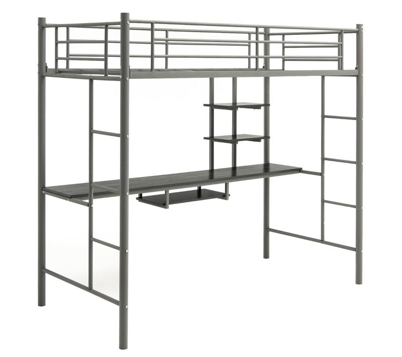 Lit Mi-haut Lit Enfant Métal Avec Bureau 2 Etagères Garde-corps 90x200cm Argenté