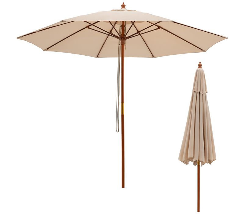 Parasol De Jardin Pliable 2,9m Avec Mécanisme De Poulie à Corde Poteau En Bois 8 Baleines En Fibre