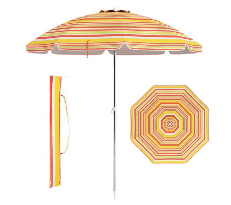 Parasol De Plage De 198cm Avec Bouton Poussoir Inclinable Ancrage Pour Sable Sac De Transport Jaune