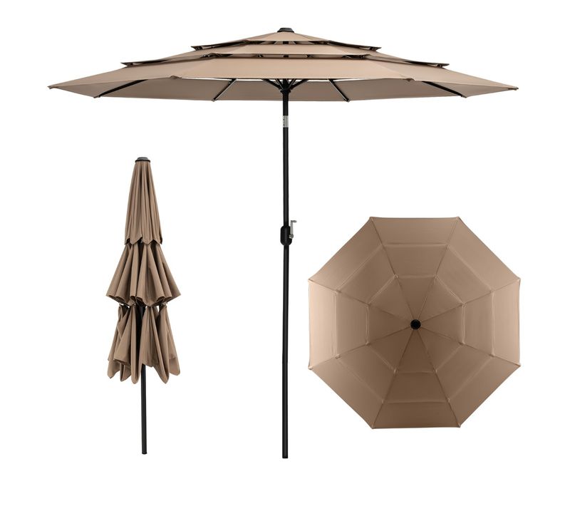 Parasol De Terrasse 3m à 3 Niveaux Parapluie D'extérieur Double Ventilé Inclinaison Café