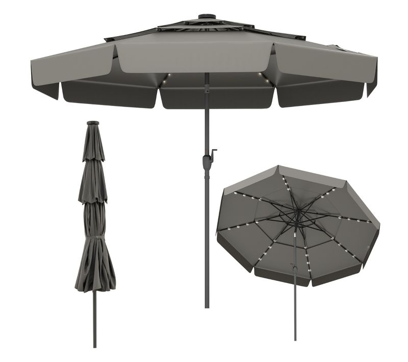 Parasol De Terrasse Solaire 300cm LED Toit Ventilé à 3 Niveaux Volants Inclinable 8 Balein Gris