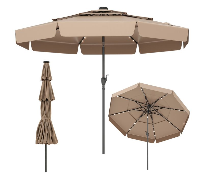 Parasol De Terrasse Solaire 300cm LED Toit Ventilé à 3 Niveaux Volants Inclinable 8 Baleines Marron