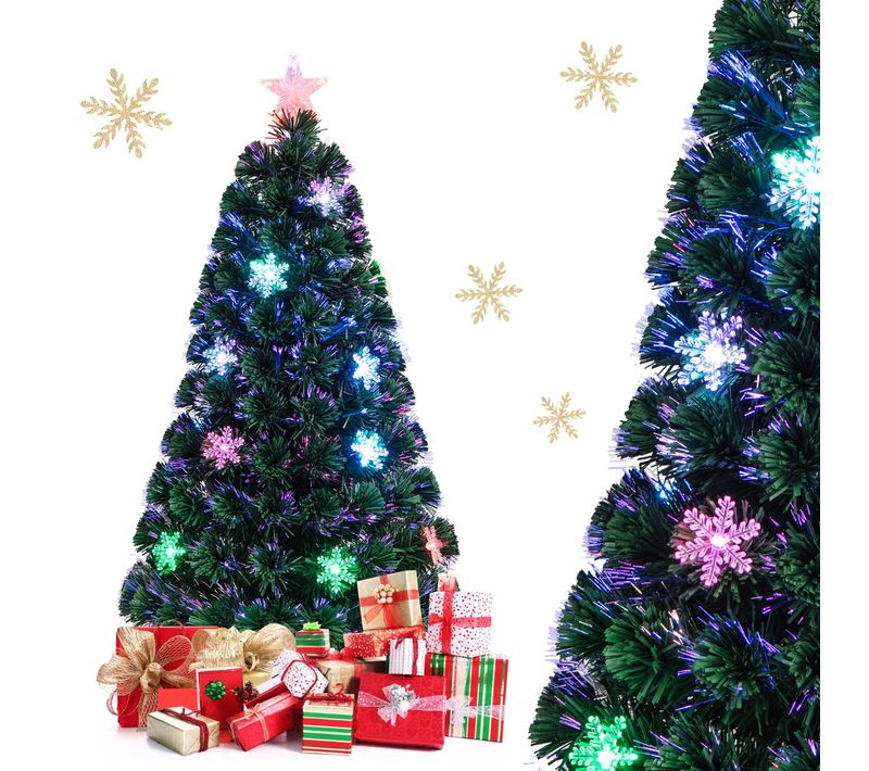 Sapin De Noël Artificiel 120cm Avec LED Et Pied Arbre De Noël En Pvc Plastique Métal Avec Flocon