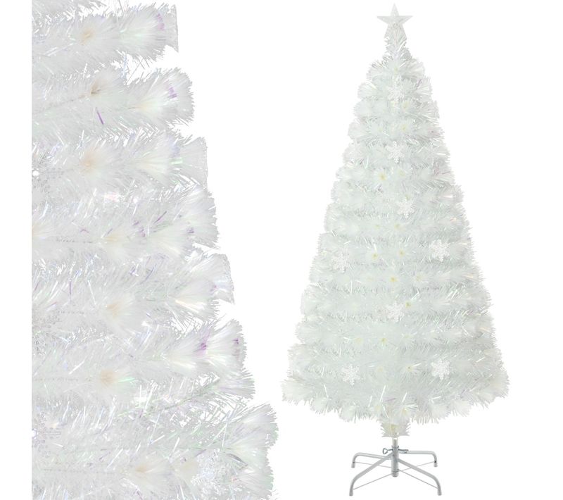 Sapin De Noël Artificiel à Fibre Optique Pré-éclairé 120cm Blanc Avec Feuilles Irisées LED