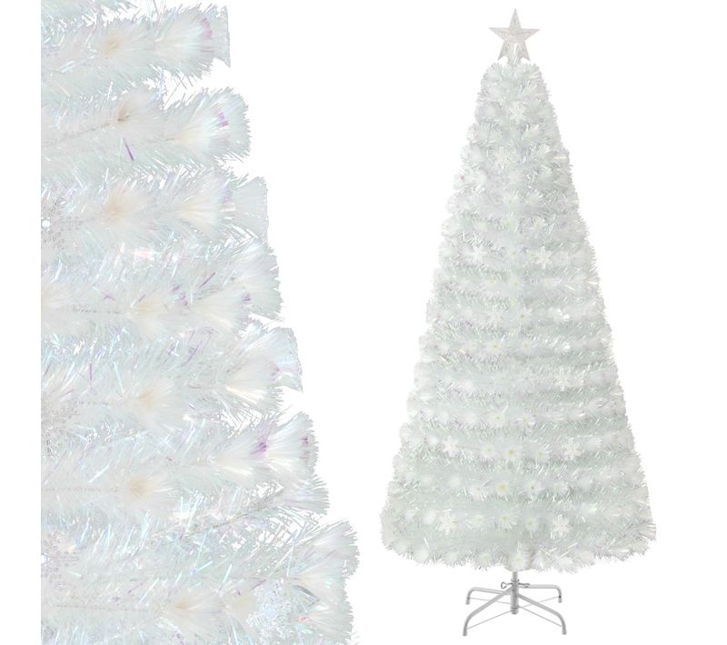 Sapin De Noël Artificiel à Fibre Optique Pré-éclairé 210cm Blanc Avec Feuilles Irisées LED