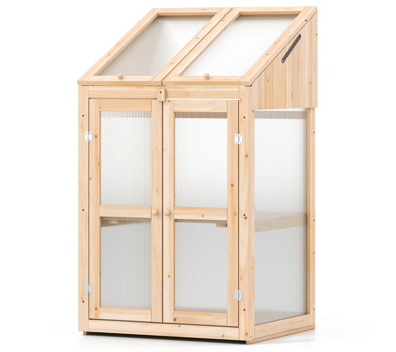 Serre Bois Mini Serre Avec Étagère Reglable Et Toit Rabattable Porte Verrouillable Naturel