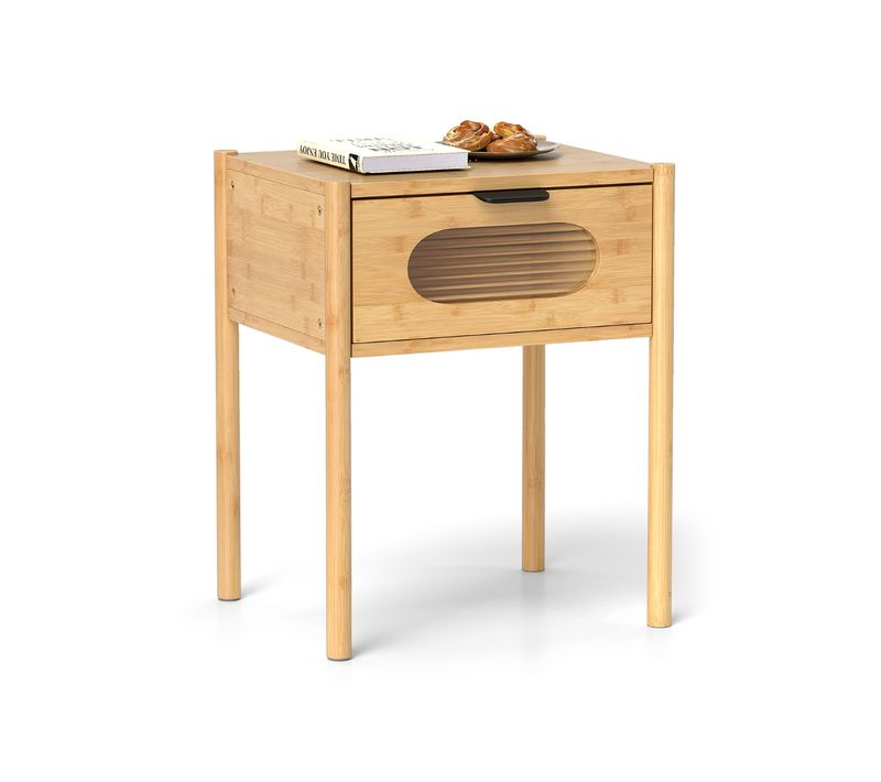 Table De Chevet Bambou Avec Tiroiren Verre Trempé Table D'appoint Carrée 40x40x50,5cm Naturel