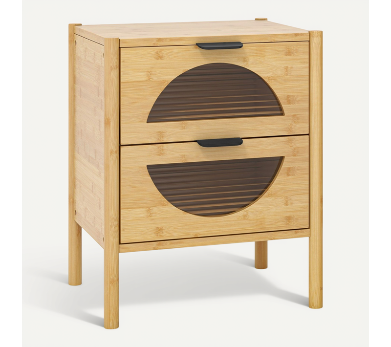 Table De Chevet Bambou Table De Nuit Style Mid-century Moderne Avec 2 Tiroirs 45x40x56cm Naturel