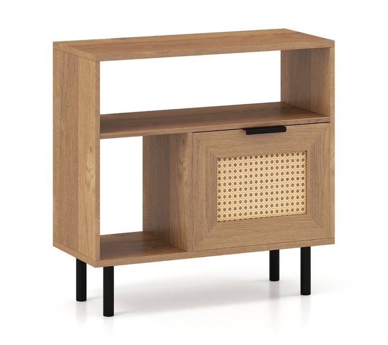 Table De Chevet Rotin Table De Nuit Avec Étagère 1 Tiroir Et Pieds En Métal 60x25,5x59 Cm Naturel