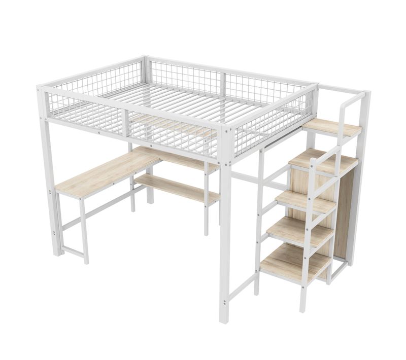 Lit Mezzanine 140x200cm, Bureau Intégré, Armoire + Étagères, Blanc