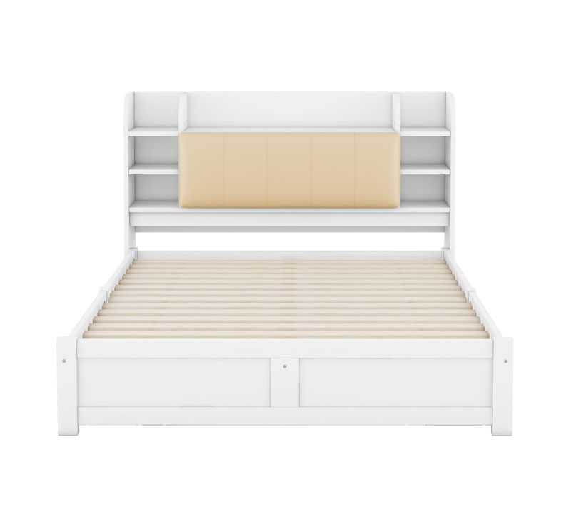 Lit Plat 160x200, Tête De Lit Partiellement Rabattable, 4 Tiroirs, Multiples Rangements, Blanc