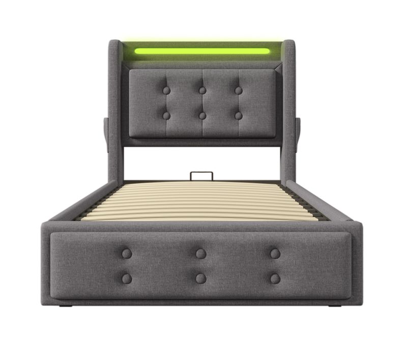 Lit Simple 90x200 Hydraulique, LED+usb-c, Sommier Bois/métal, 150kg, Coton Gris