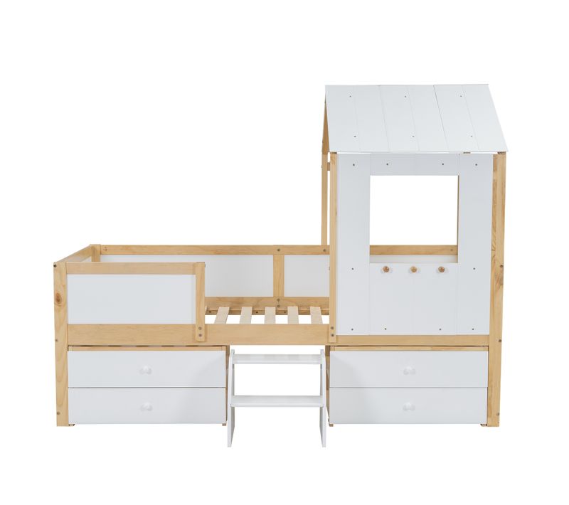 Lit Mi-hauteur Cabane Avec Toit Et 4 Tiroirs, 90x200cm