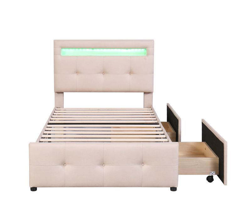 Lit Rembourré Avec LED Et 2 Tiroirs, Lin, 90*200cm