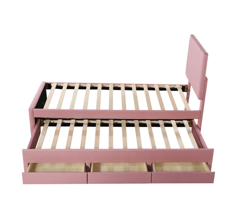 Lit Gigogne Rembourré Avec Tiroirs, Rose, 90 X 200 Cm