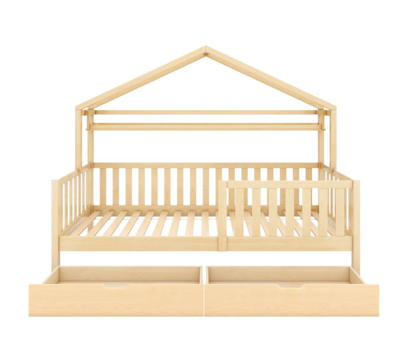 Lit Cabane Couleur Bois Avec Tiroirs, Pin, 90x200 Cm