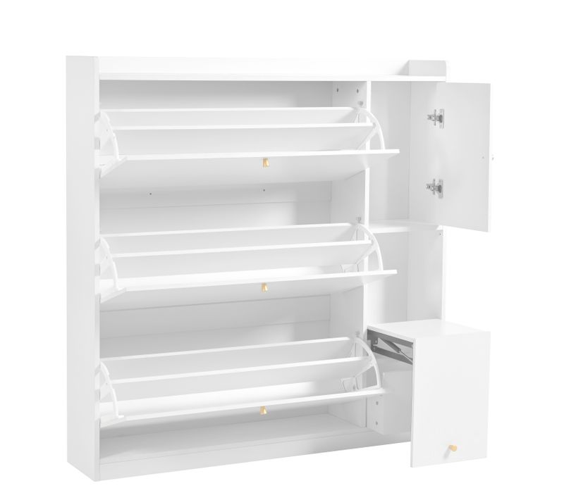 Armoire à Chaussures Rabattable 3 Tiroirs + Banc, 119x24x122 Cm, Blanc