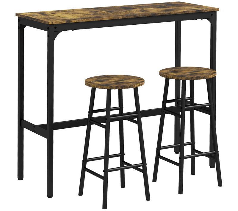 Ensemble Table Haute Et 2 Tabourets Style Industriel, Bois Et Noir, Gain De Place