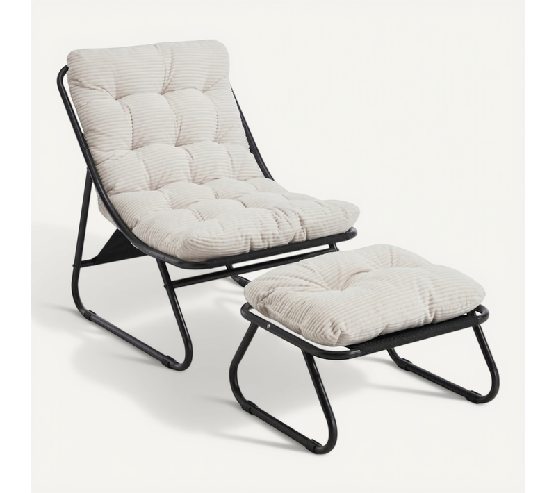 Fauteuil Extérieur Blanc en Acier Avec Coussin, Pouf, Moderne Pour Terrasse Et Balcon