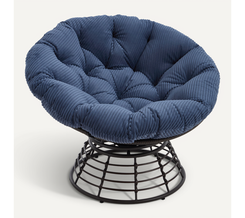 Fauteuil Papasan Style Bohème en Rotin Bleu nuit En Forme D'œuf Pivotant 360° Avec Coussin épais