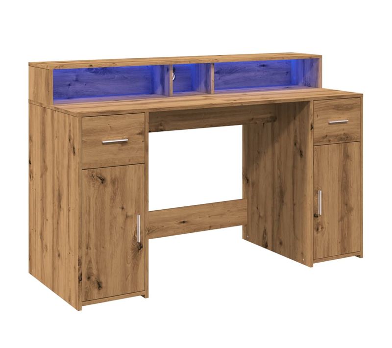 Bureau Droit - Bureau D'ordinateur Avec Lumières LED Chêne Artisanal Bois D'ingénierie