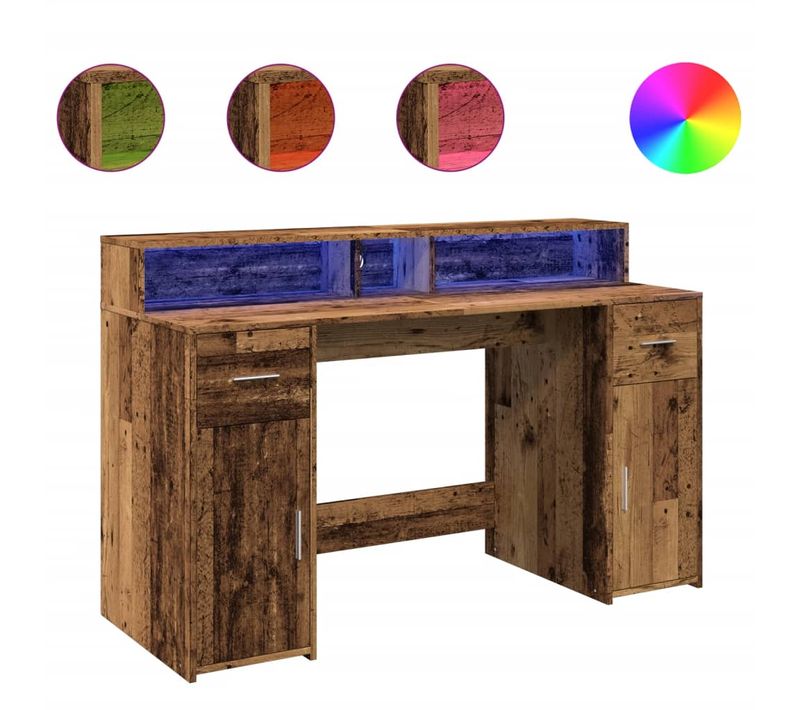 Bureau Droit - Bureau D'ordinateur Avec Lumières LED Vieux Bois Bois D'ingénierie