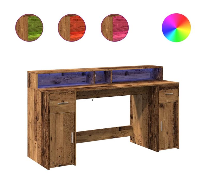 Bureau Droit - Bureau D'ordinateur Avec Lumières LED Vieux Bois Bois D'ingénierie