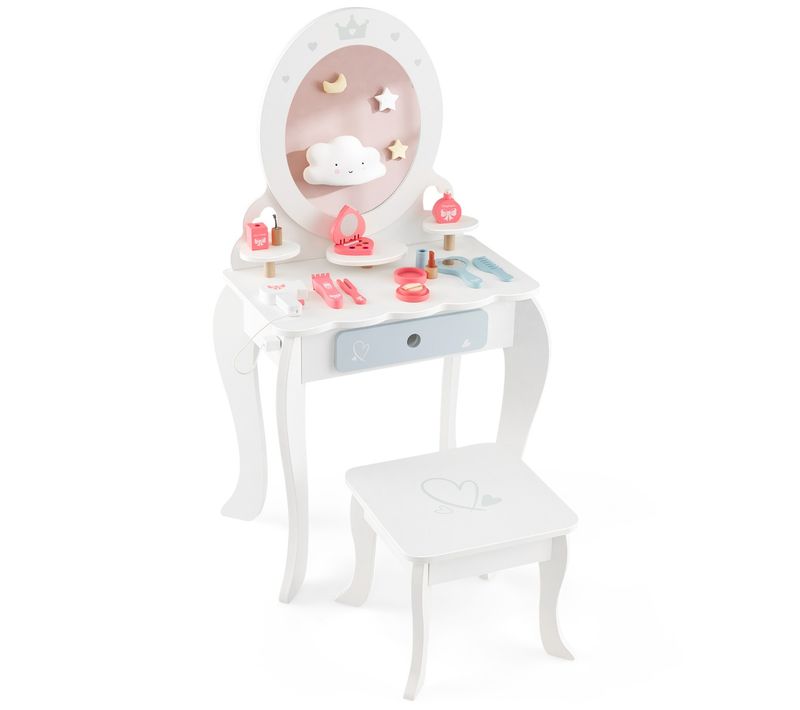Coiffeuse Et Tabouret Enfants Miroir Ovale Amovible, Tiroir - Table Cosmétique Pour 3+ Ans Blanc