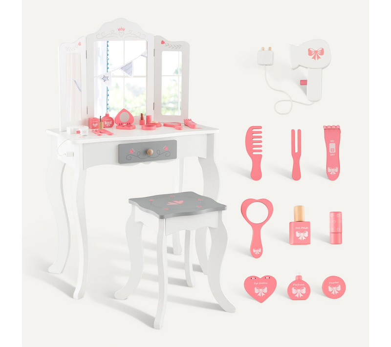 Coiffeuse Et Tabouret Enfants Avec Miroir 10 Jouets D'habillage Et Tiroir Pour 3+ Ans Blanc