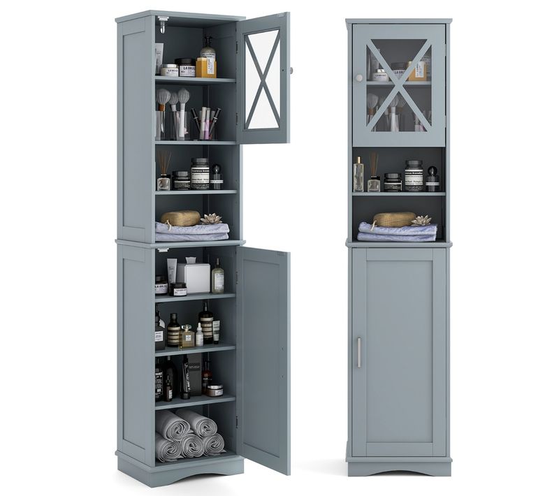 Colonne De Salle De Bain Haute De 170,5 Cm Armoire Autoportante 5 Etagères Réglables 2 Portes