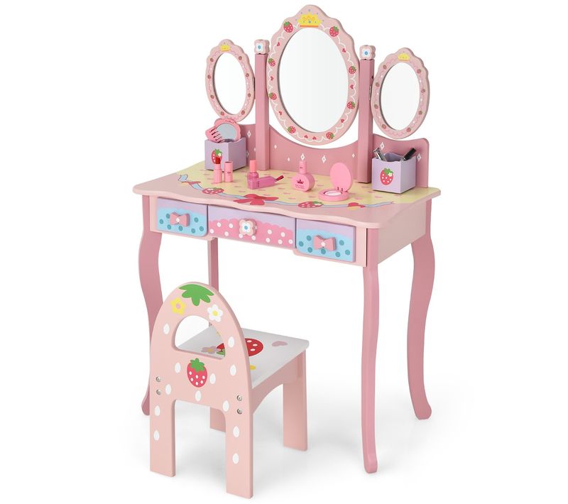 Coiffeuse Enfants Avec Miroir Amovible 3 Tiroirs 2 Boîtes De Style Princesse Pour Filles Rose