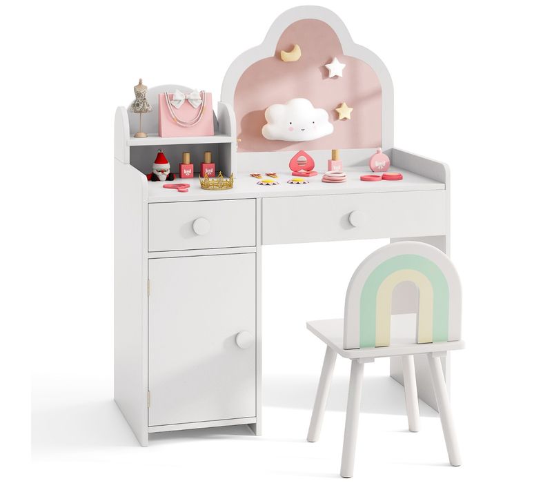 Coiffeuse Enfants Avec Chaise Miroir En Forme De Nuage Etagère Ouverte Tiroirs Pour 3-7 Ans Blanc
