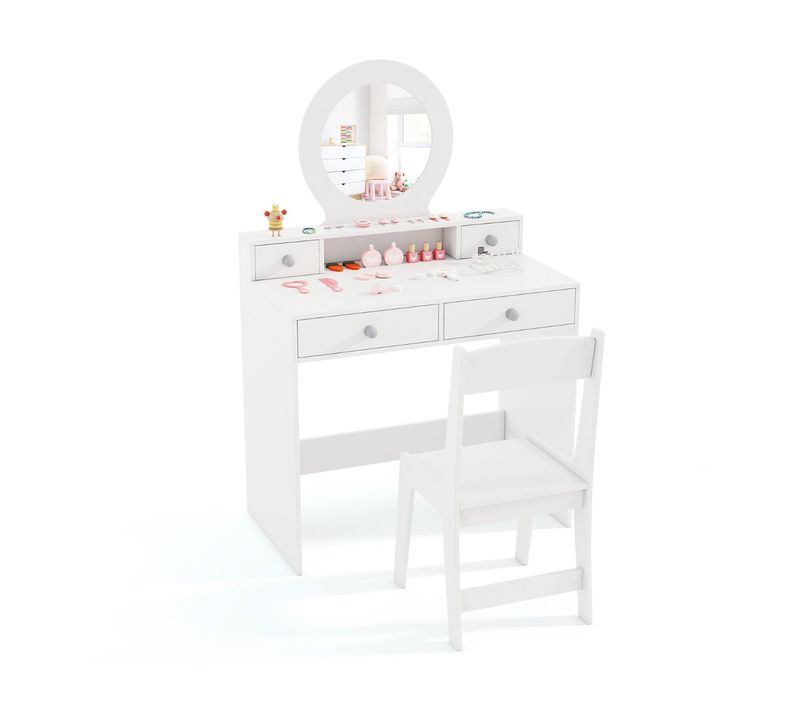 Ensemble De Coiffeuse Enfants, Table De Maquillage Et Chaise Avec Miroir Et 4 Tiroirs Blanc