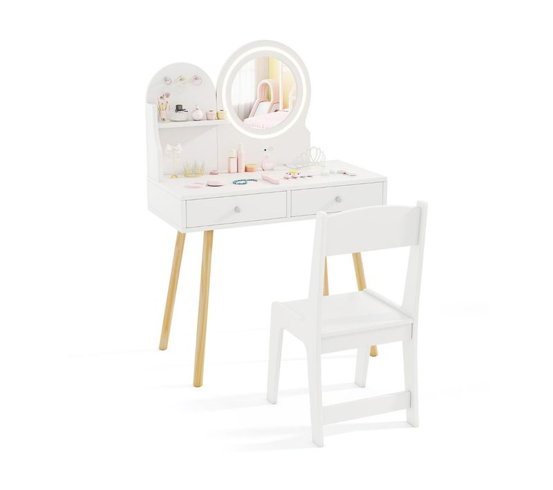 Ensemble De Coiffeuse Enfants, Table De Maquillage Et Chaise Avec Miroir Éclairé Blanc
