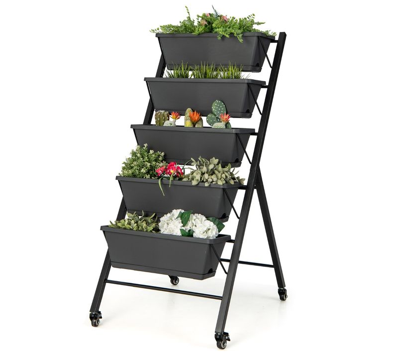 Jardinière Surélevée Sur Roulettes 5 Bacs à Fleurs Trous De Drainage Plateau Amovible Légumes