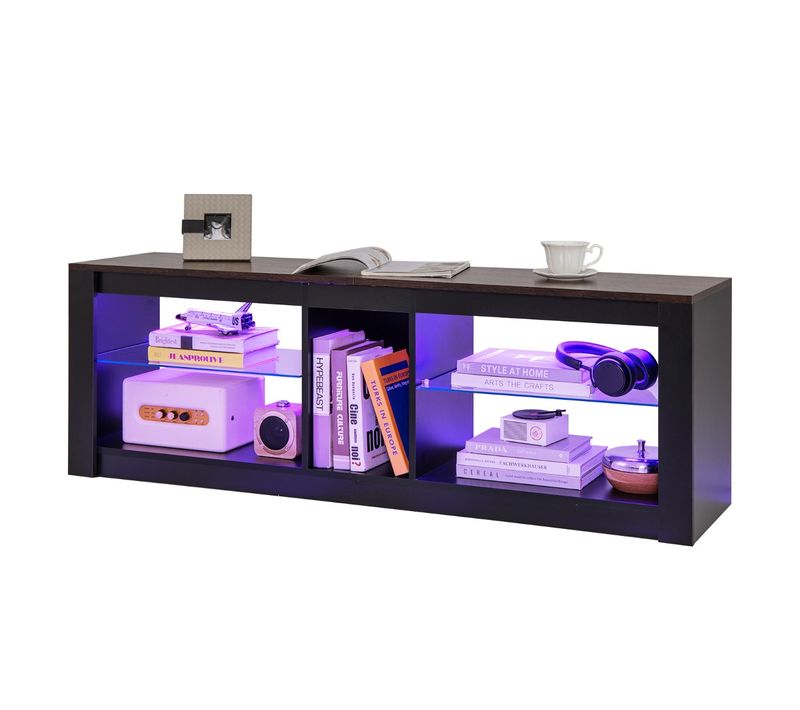 Meuble TV Banc TV Avec Eclairage LED Moderne Etagères Réglables - 140x35x47 Cm Noir Et Marron