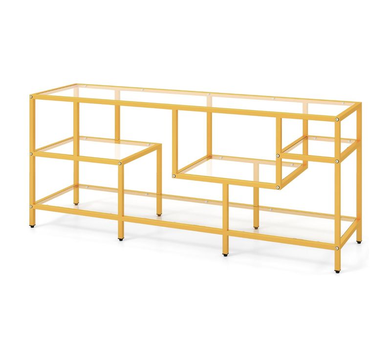 Meuble TV Banc TV Avec Un Grand Plateau Et 4 Etagères En Verre Trempé - 147x40x62 Cm Doré