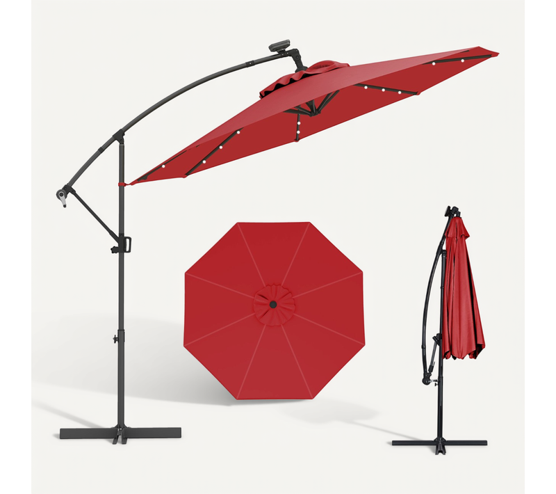 Parasol Déporté 3m Avec 24 LED Solaires Rotatif 360° Angle Réglage Base Croisée Manivelle Rouge