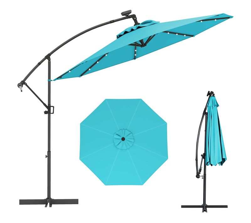 Parasol Déporté 3m Avec 24 Lumières LED Solaires Rotatif 360° Angle Réglage Base Croisée Manivelle