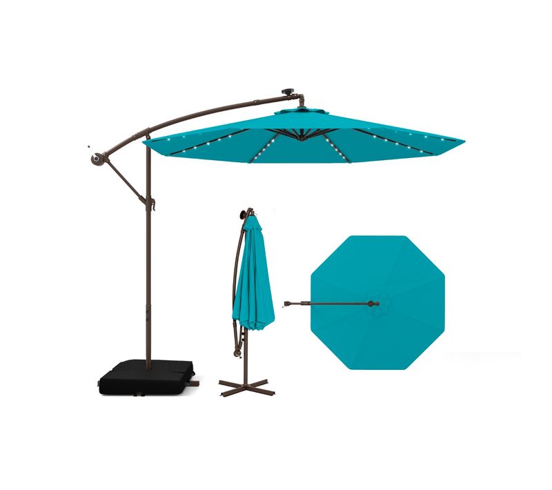 Parasol Déporté De 3 M Avec 32 Lumières LED Panneau Solaire Batterie Sac De Sable Auvent