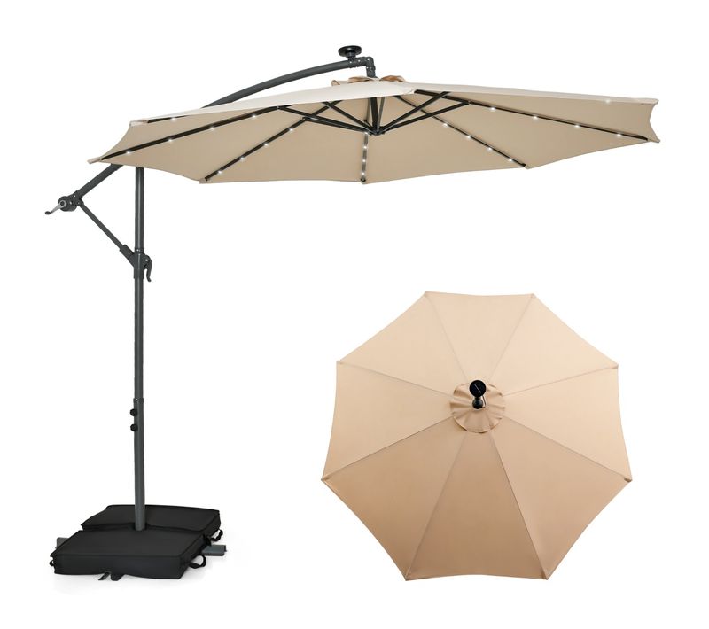 Parasol Déporté De 3 M Avec 32 Lumières LED Panneau Solaire Batterie, Sac De Sable Auvent
