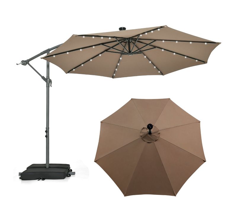 Parasol Déporté De 3 M Avec 32 Lumières LED Panneau Solaire Batterie, Sac De Sable Auvent