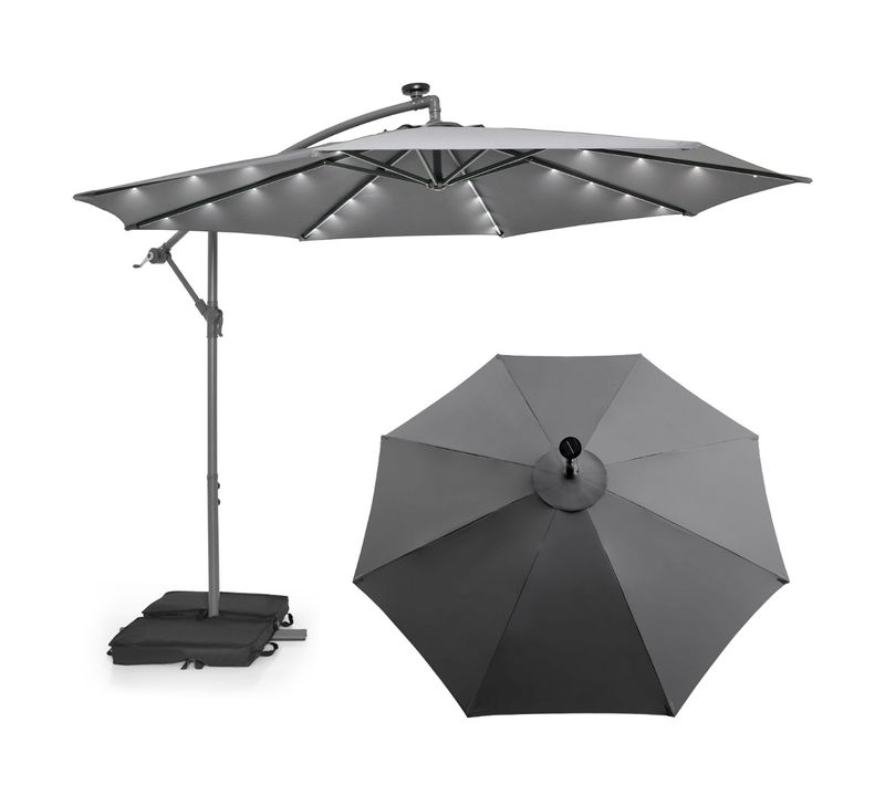 Parasol Déporté De 3 M Avec 32 Lumières LED Panneau Solaire Batterie, Sac De Sable Auvent