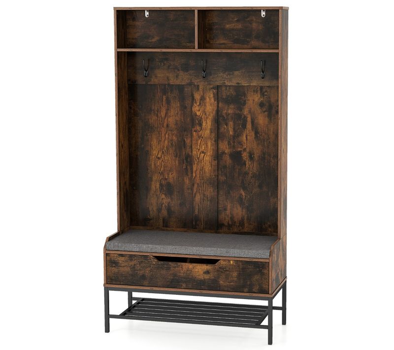 Vestiaire Porte-manteau Avec Banc Et Coussin Crochets Rangement à Chaussures à Dessus